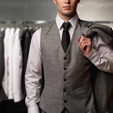 Men's Suit with a dress shirt, tie, and vest.