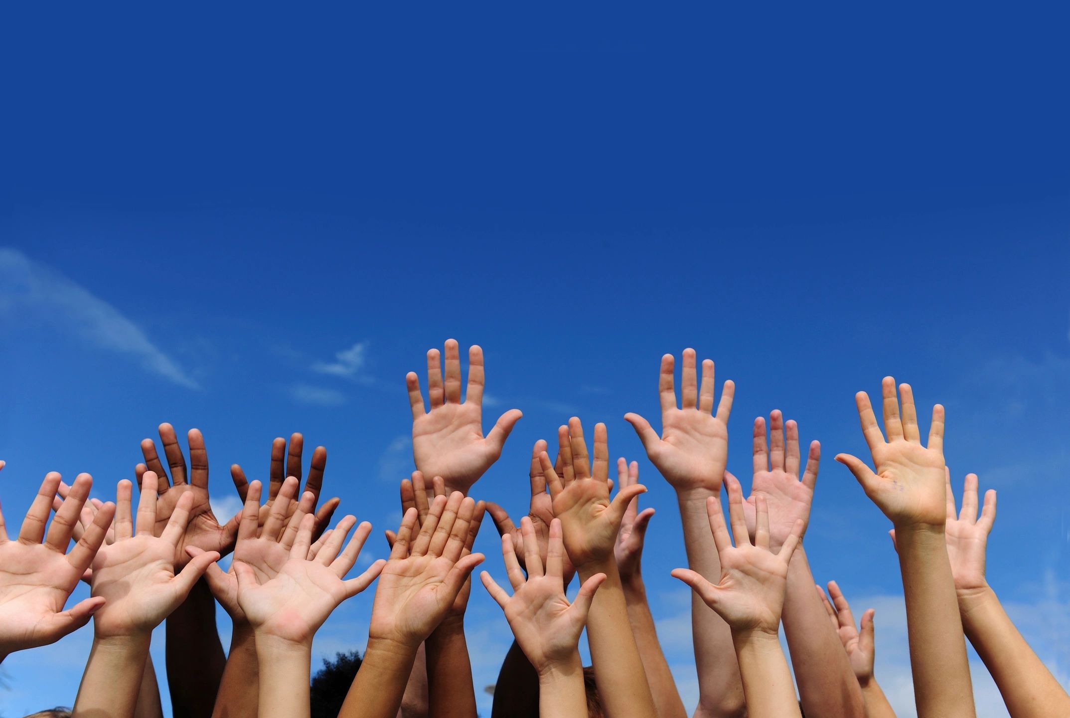 Hands of all shapes and skin tones reaching up to a blue clear sky. 