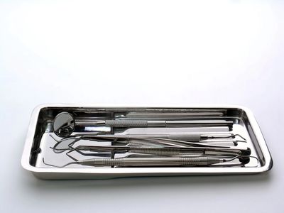 A tray of dental instruments.