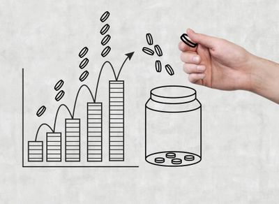 Illustration of coins on a bar graph implying increase in money falling into a jar