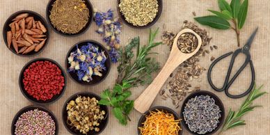 A selection of herbs in bowls lay out on a brown cloth, with scissors and a wooden spoon.