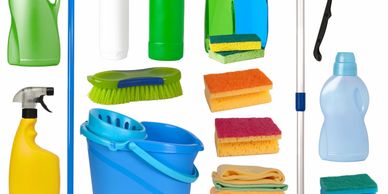 Cleaning supplies such as sponges, rags, brooms and cleaners