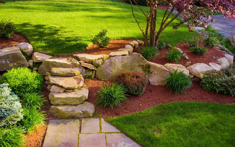 Beautiful garden scene with stone steps and borders, mulch, plants, trees, and a flag stone walkway.