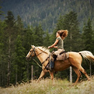 A lady riding a horse down a wooded mountainside with wind blowing in the horse and ladies hair. 