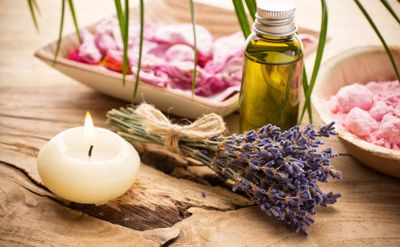 Lavender, oil, candle. Spa and relaxation.