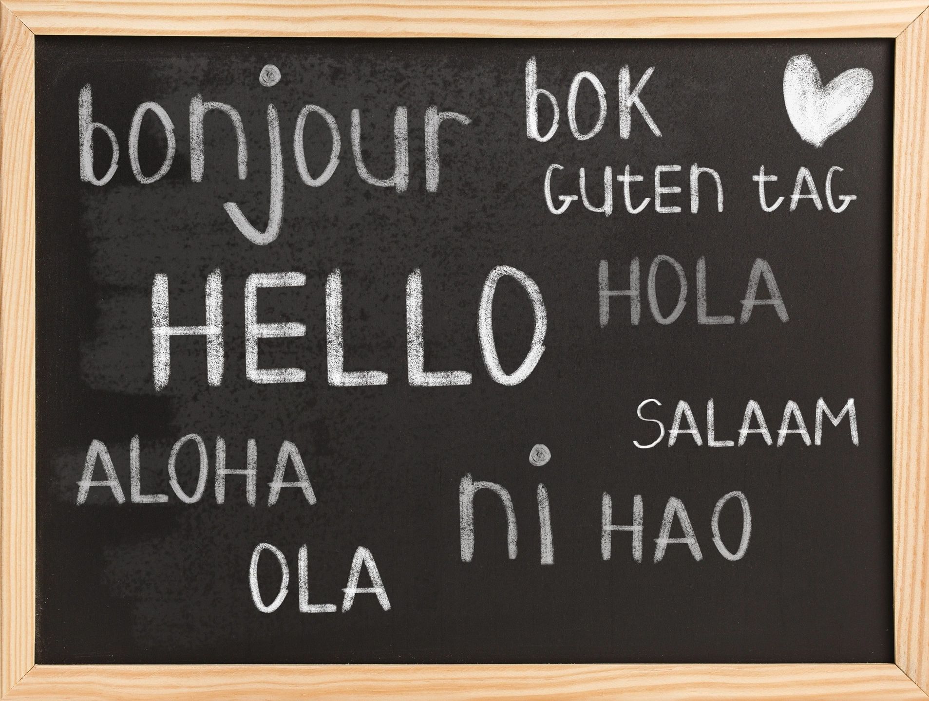 An old-fashioned blackboard with the word hello written on it, in nine different languages.