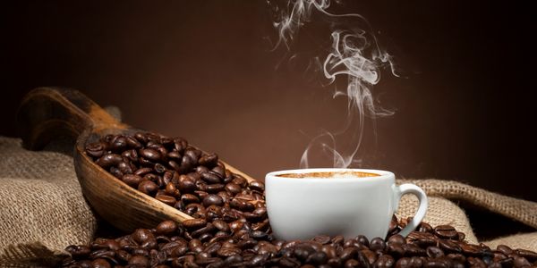 Dark Roast with white coffee cup burlap scoop steam