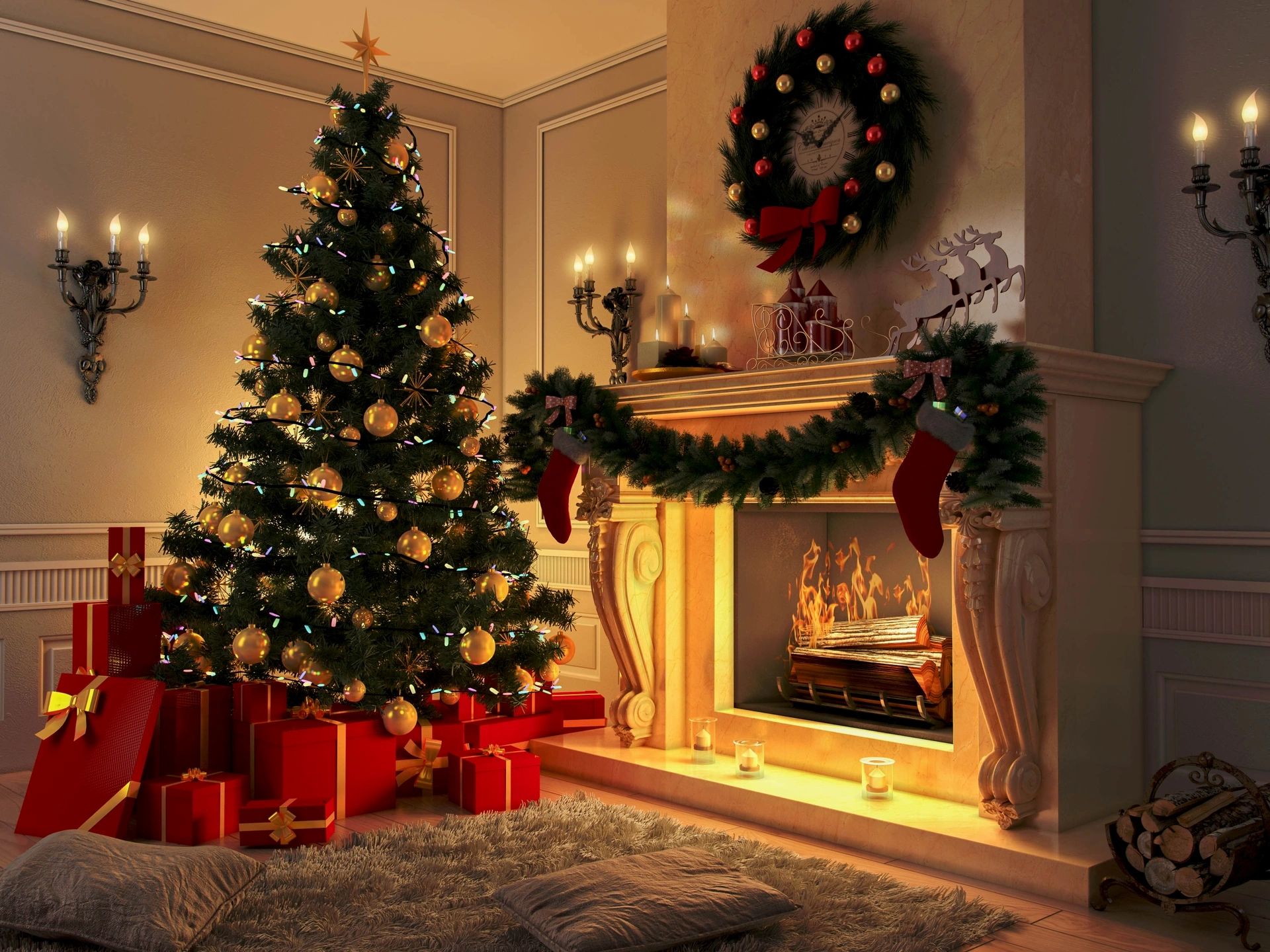 Glowing fireplace with red gifts under Christmas tree, mantle swag, and wreath above