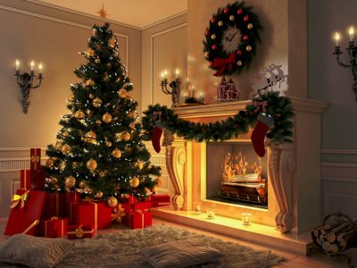 Christmas tree, wreath, garland, mistletoe, fireplace, presents, ornaments, firewood, Christmas decorations
