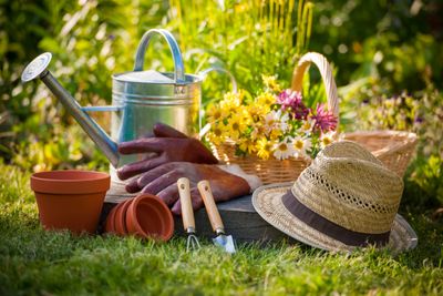 Still-life image of watering can, straw hat, basket of flowers, gardening gloves and tools.