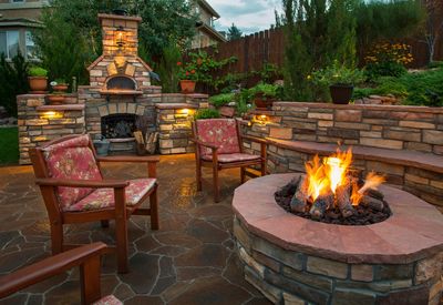 Hardscape, Natural Stone, Outdoor Living Space, Outdoor Fireplace, Fire pit, Rock Wall, Landscape, Stone Patio
