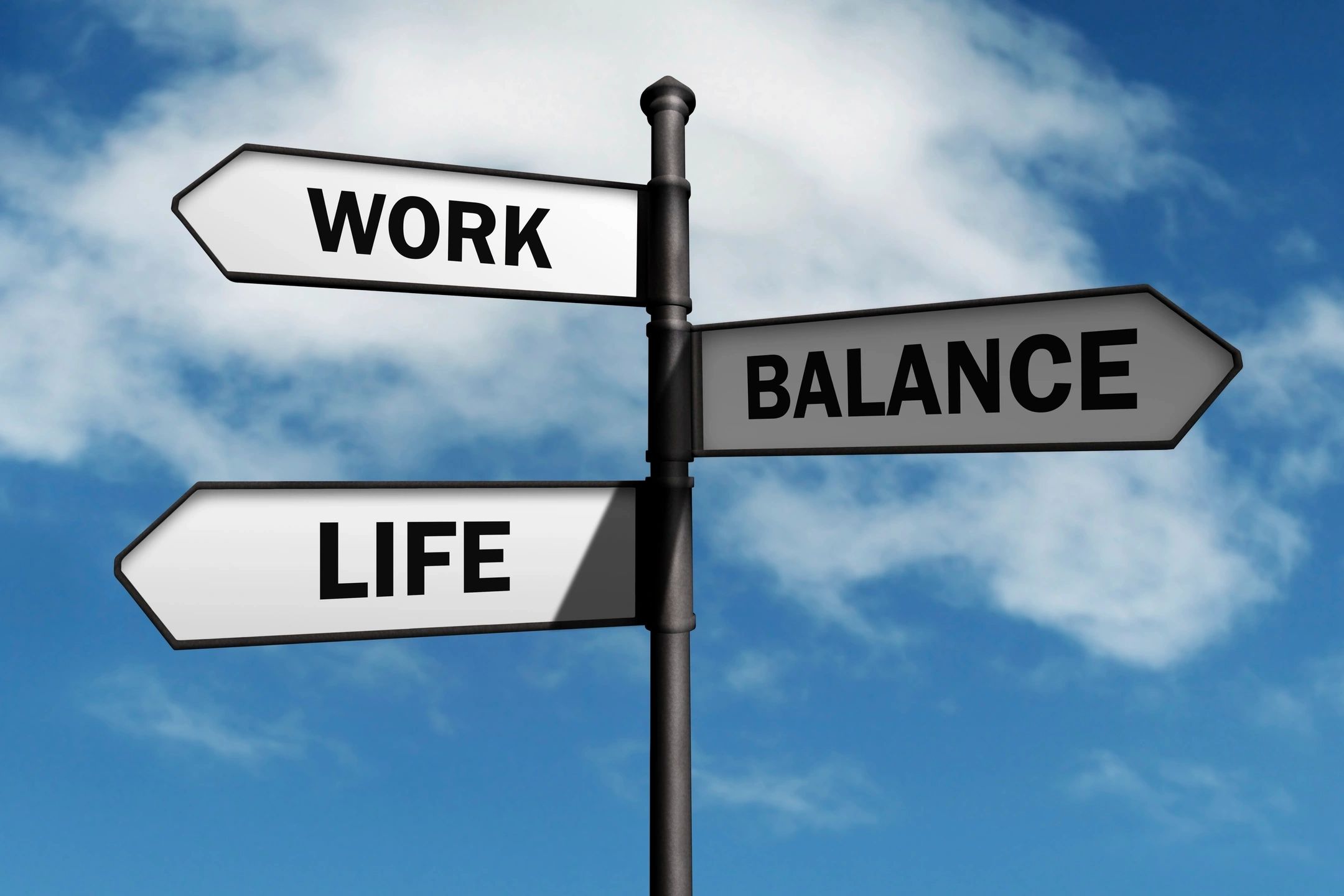 Sign post with three one-word signs pointing in different directions: "Work", "Life", and "Balance".