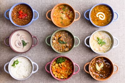 Nine Bowls of Different Types of Soup