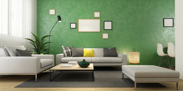 Green stucco painted living room wall