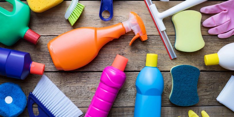 various cleaning products on a table