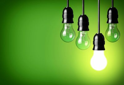 One light bulb, lighted on a green background, Psychology tests light the way to career interests