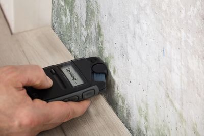 Testing the moisture content in a wall during a home inspection and verifying mold.