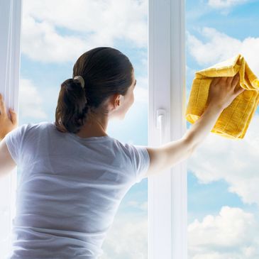 A woman cleaning a office window.