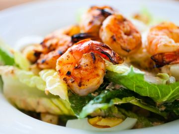 grilled, shrimp, salad, healthy, light, fresh, tasty, chilled, mixed, greens, lunch, close up
