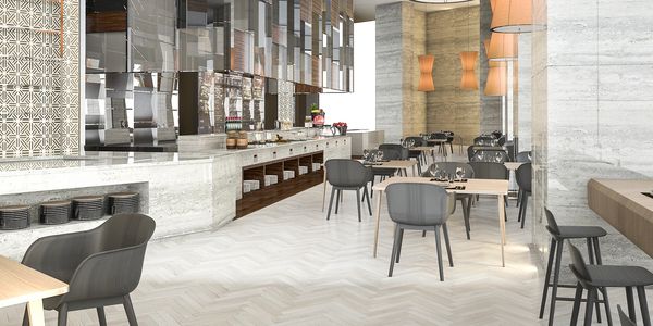 Herringbone design - hardwood flooring installation for any restaurant or coffee shop.  