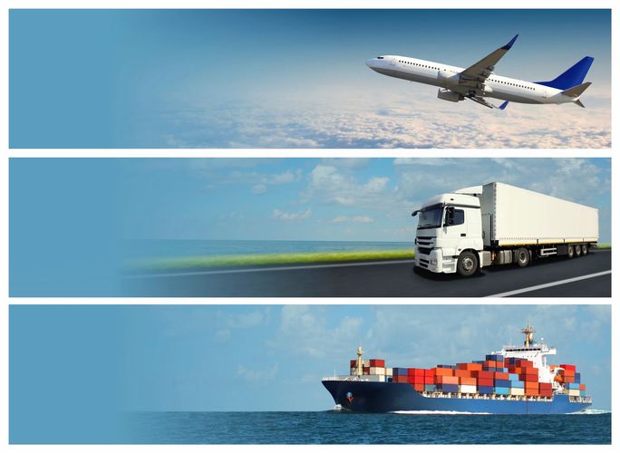 A collage image of a plane, truck and cargo ship.