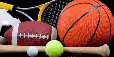 sports equipment: football, basketball, tennis ball and racket, baseball bat, soccer ball