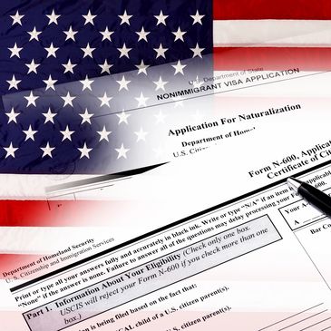 American flag and immigration forms