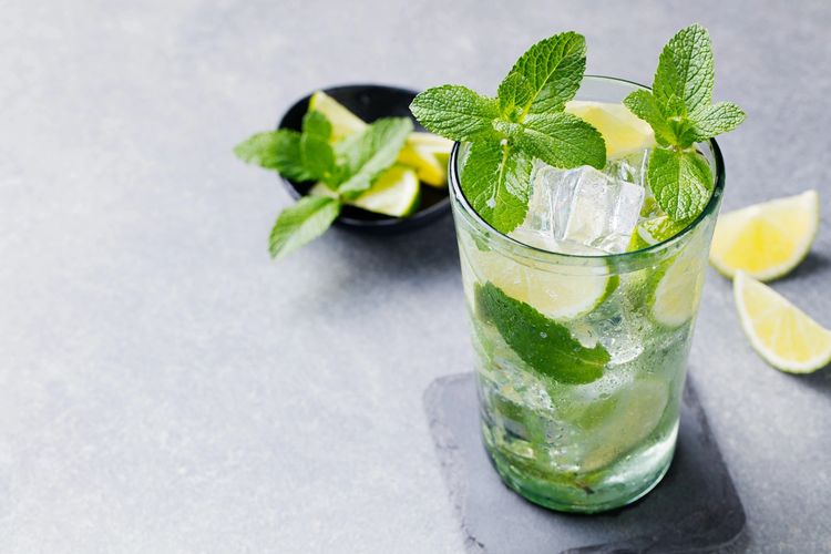 A clear glass filled with refreshing water, ice cubes, lemon and fresh mint.