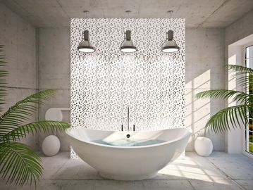 Spa Bathroom Design with pendant lighting, free-standing soaker tub, wetroom style, walkin shower