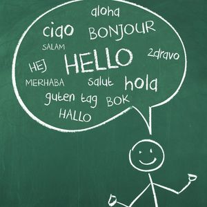Stick figure with comment bubble saying "hello" in different languages