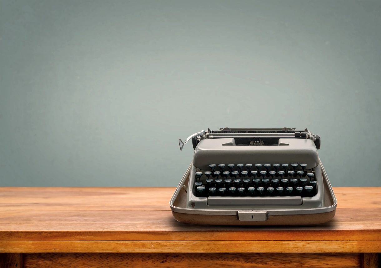 A typewriter on a wooden desk.