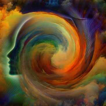 Symbolic abstract head of person with swirls of color.