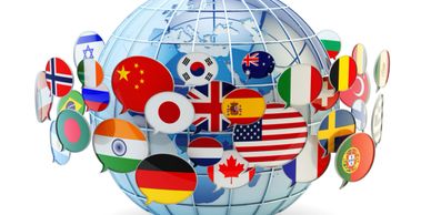 Blue and white globe with numerous country flags including UK Canada China Japan and USA