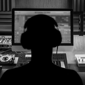 A recording engineer silhouette in front of a recording studio mixer and audio gear mixing a jingle and voice talent recording.