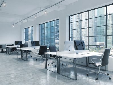 modern office
new furniture and technology
white room interior
view of big city
industrial space