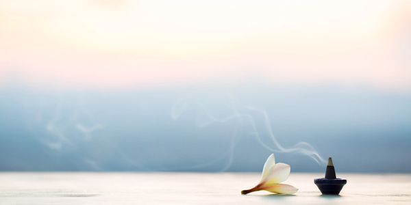 A white lotus flower next to a soft smoking incense cone. Soft blue, pink, and yellow background
