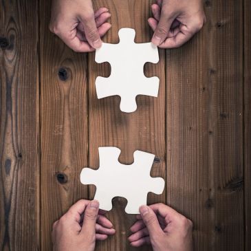 Two sets of hands holding white puzzle pieces over a wood table