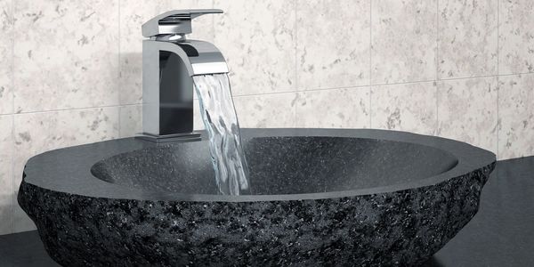 Ask about a new fixture, such as this chrome, single-hole faucet with black stone sink.