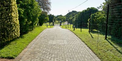 A tree-lined block paved driveway on a country estate.