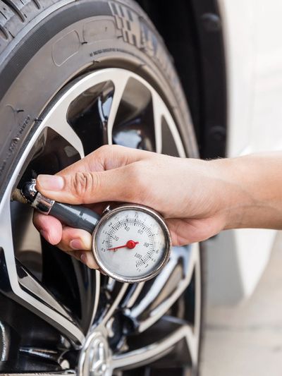 Tire gauge on custom rim and tire