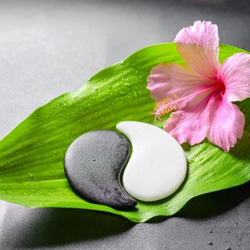 Yin & Yang symbol with an orchid resting on a leaf, representing Chinese/oriental & herbal medicine