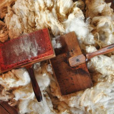 Wool fleece and hand carders. Carding pulls the fibers in the same direction   One step of many!
