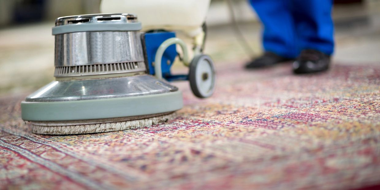 A rotary cleaning brush is being used to clean a rug using VLM 