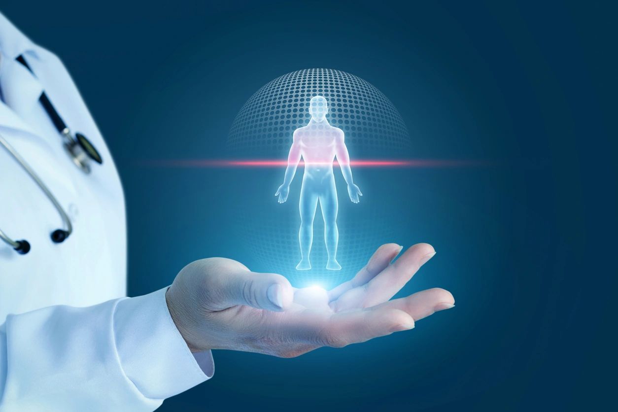 Doctor holding a hologram of a body scan.