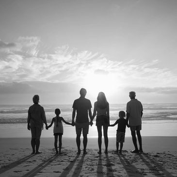 A silhouette of a family of six. 