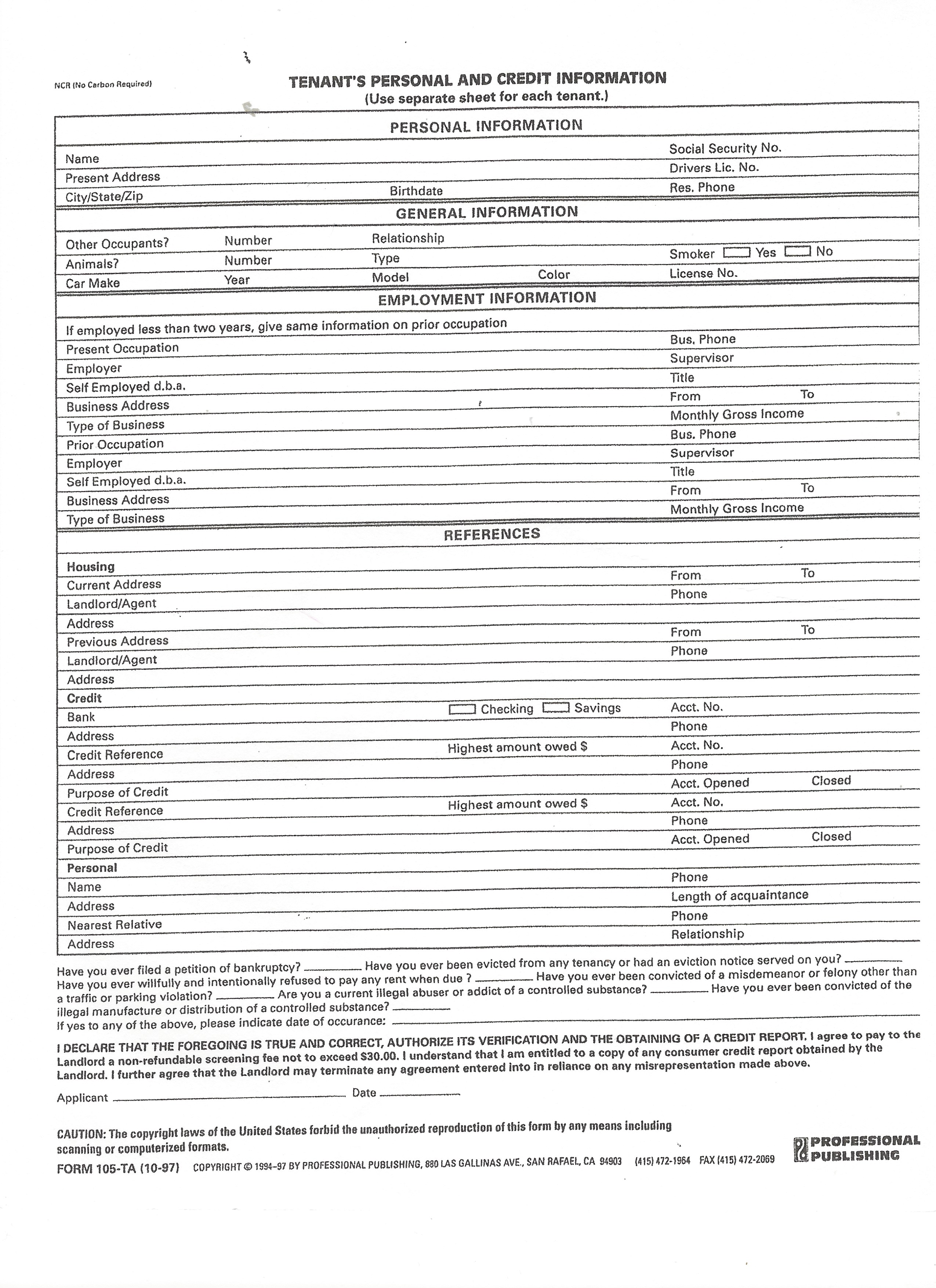 Application Form Hollywood Bobs Mobile Home Park