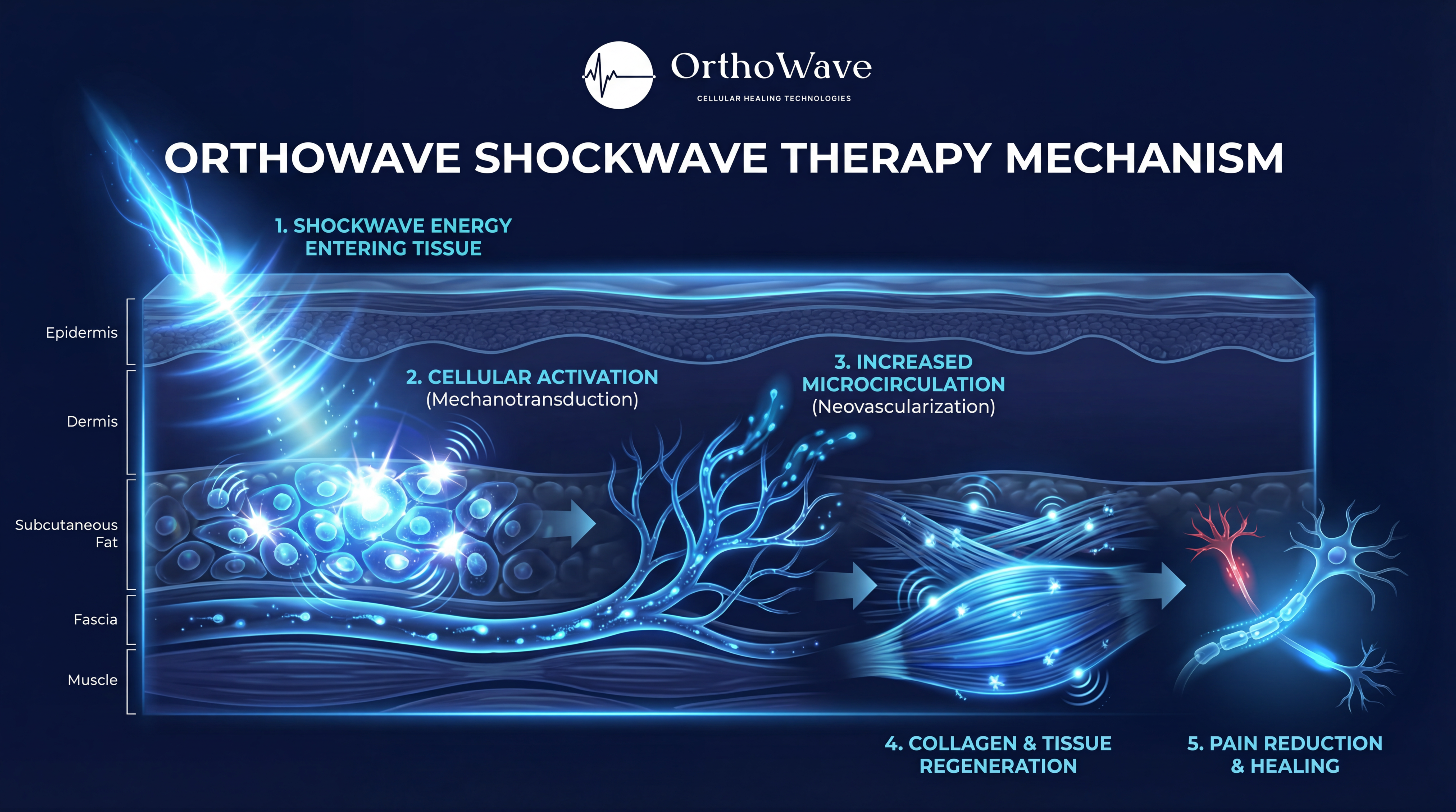OrthoWave Shockwave Therapy Mechanism — 5-step cellular healing diagram