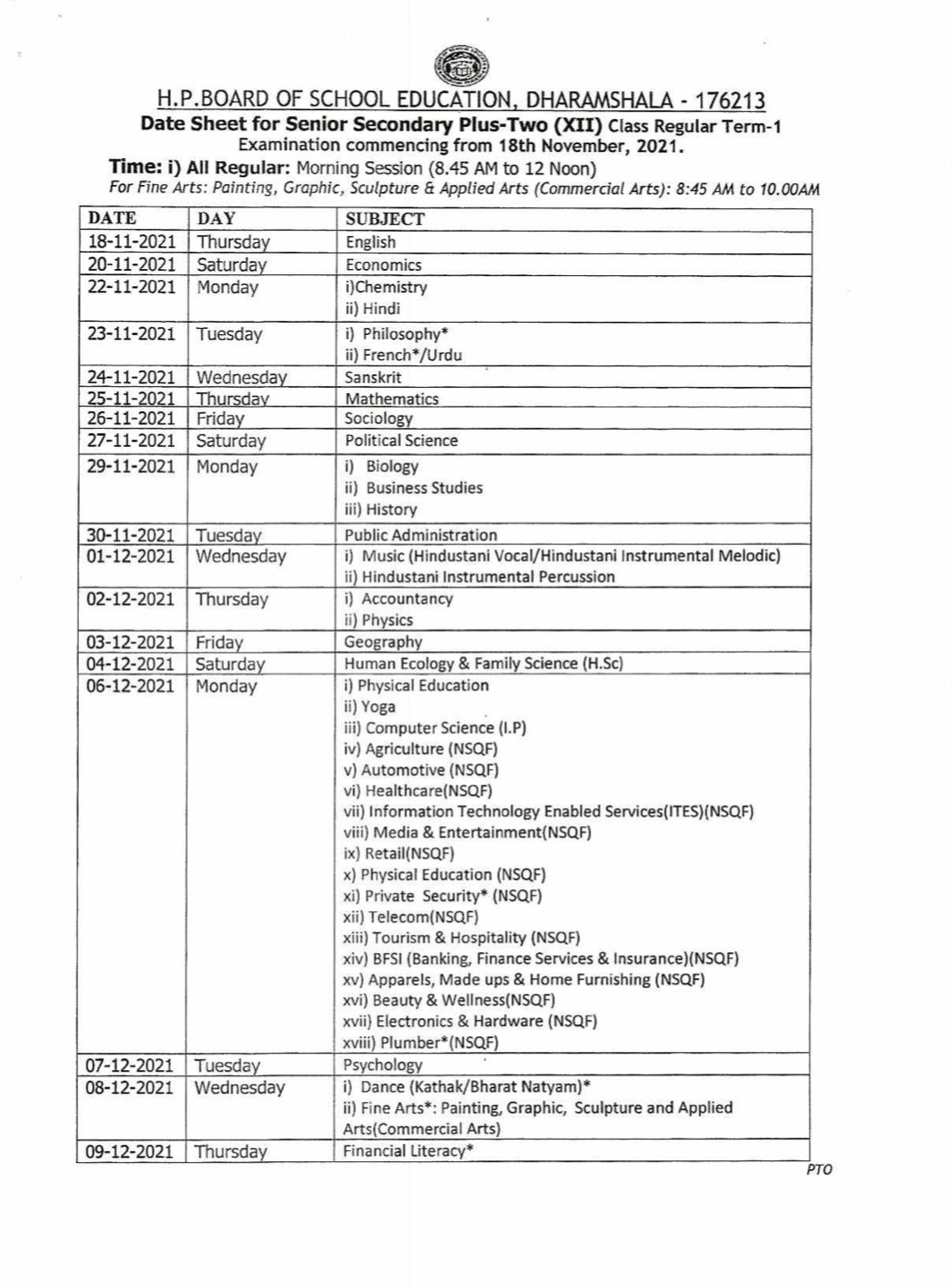 Examination Date Sheet