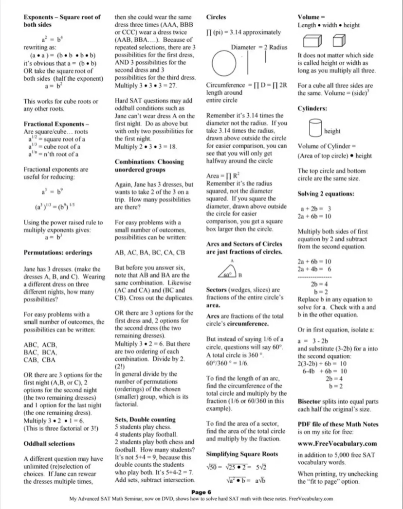 Sat Math Algebra Notes SAT Math Notes