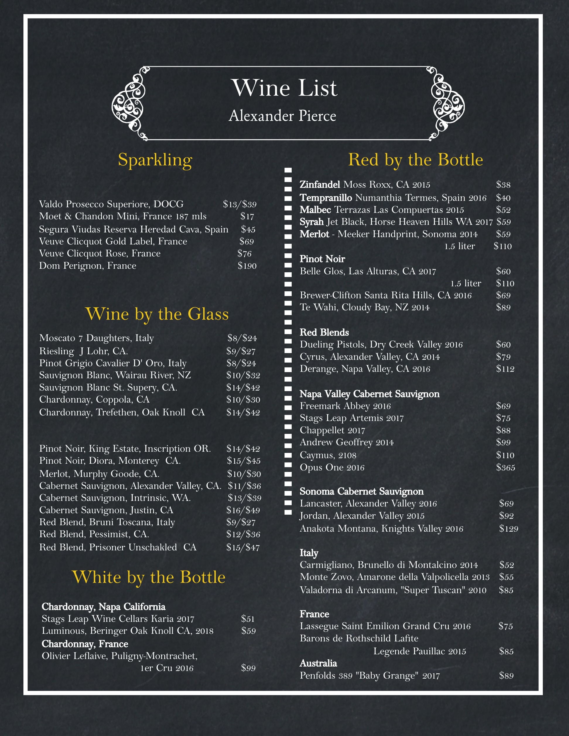 MENUS | Alexander Pierce Restaurant